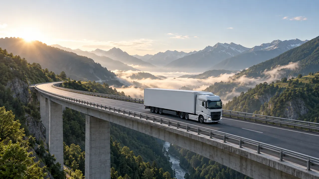 Un camión articulado cruza un viaducto entre montañas con niebla baja a primera hora.